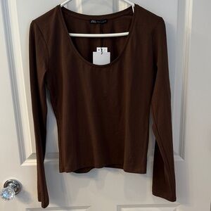 NWT Zara Chocolate Scoop Neck Long Sleeve Top
